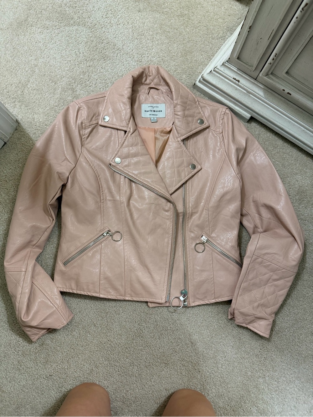 Haute Monde Blush Pink Faux Leather Moto Jacket